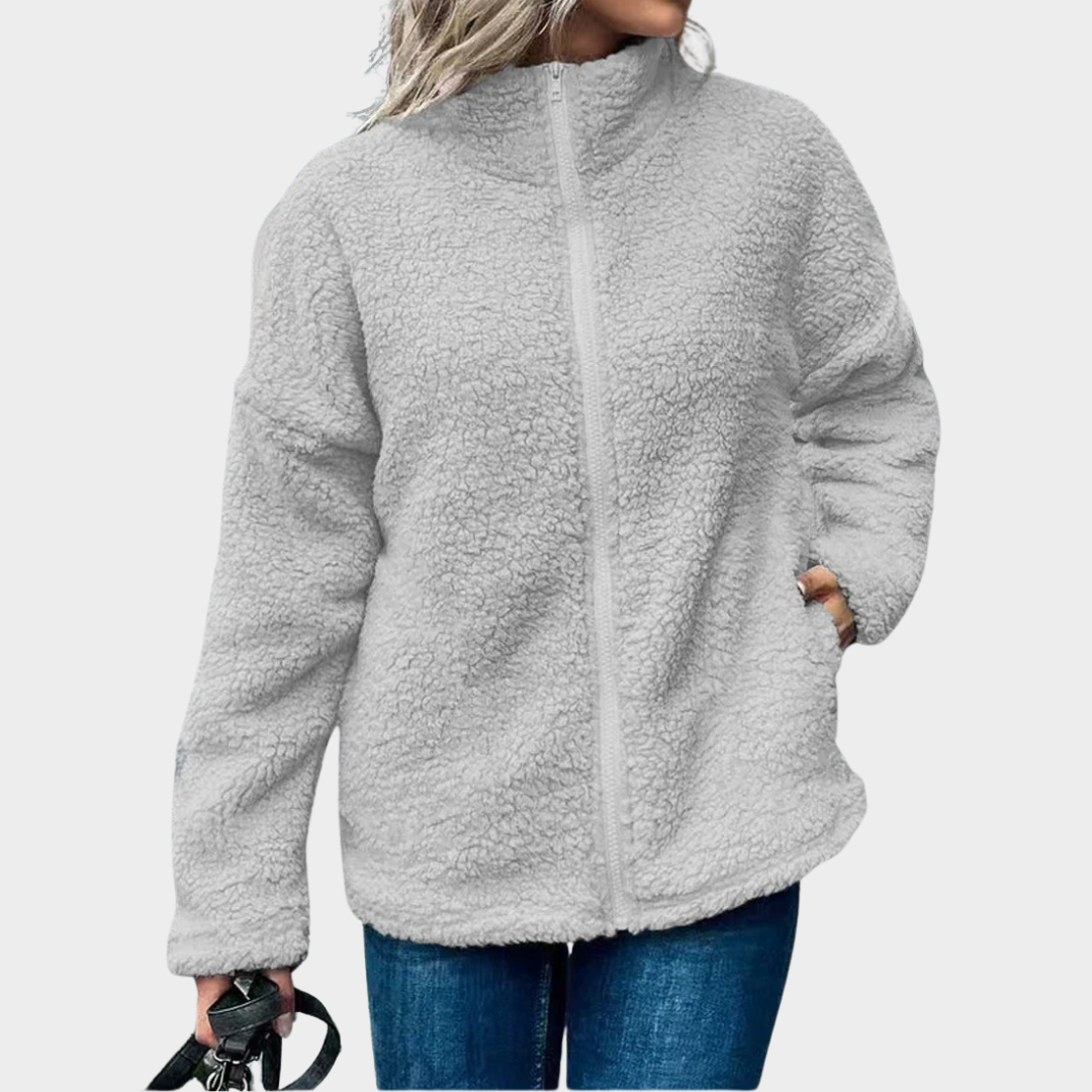 Women’s Oversized Fleece Coat – Wool Blend Casual Jacket with Stand Collar and Zip Front – Multiple Colours