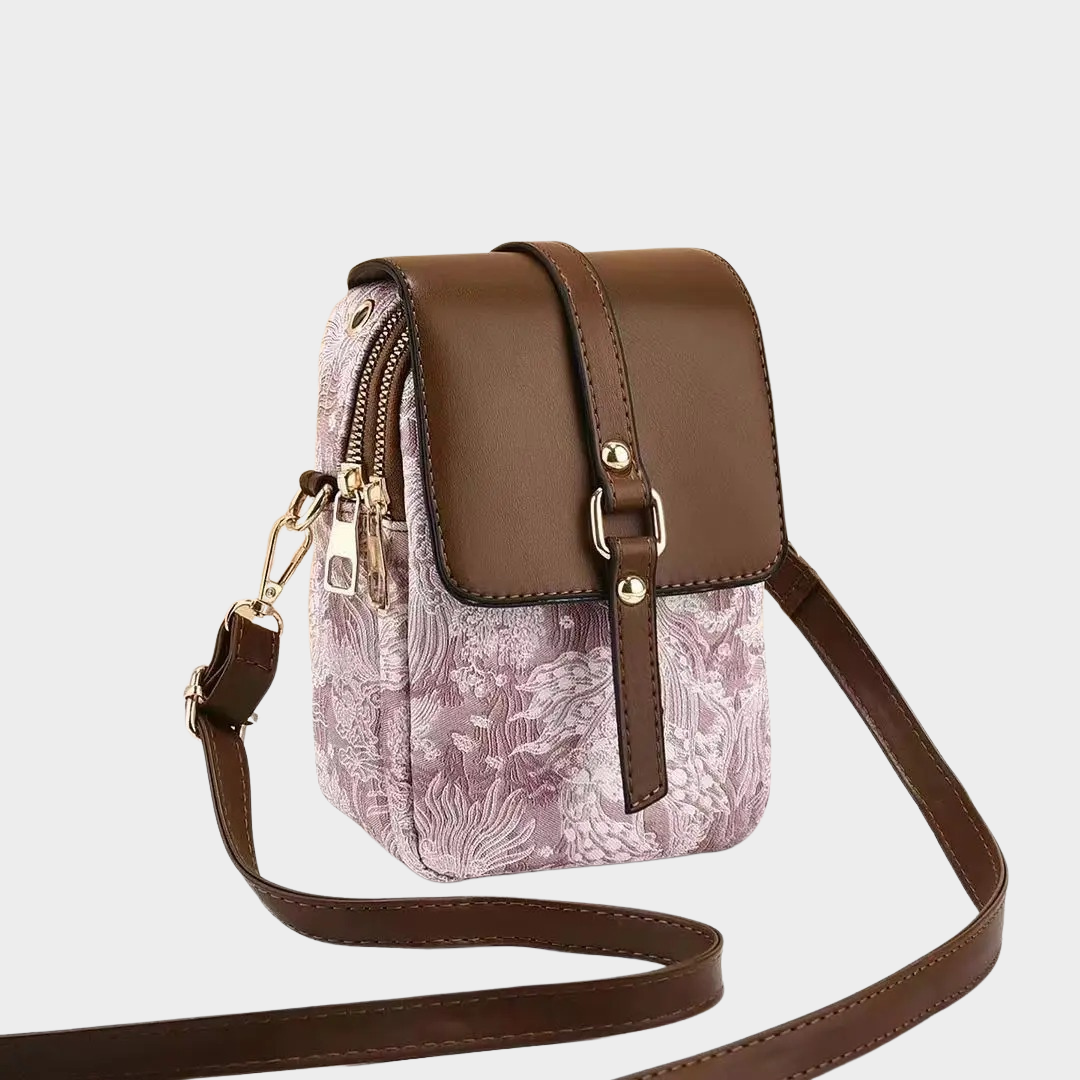 Women's Small Shoulder Bag – Printed Crossbody Mobile Phone Bag with Zipper and Buckle – PU Leather Multiple Colours