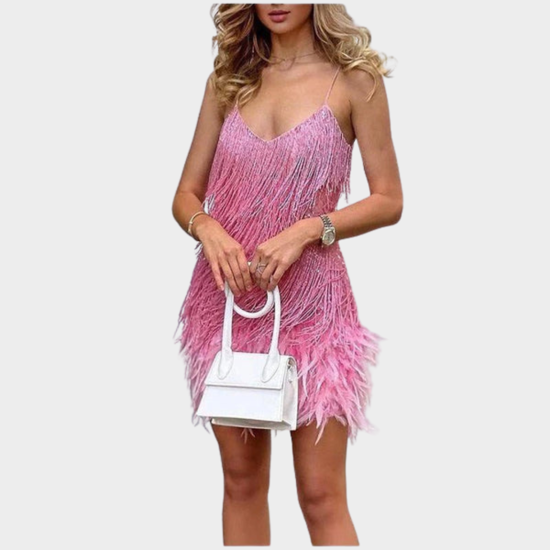 Women's Sequined Evening Dress – Sleeveless – V Neck – Tassels & Feather Detail – Multiple Colours