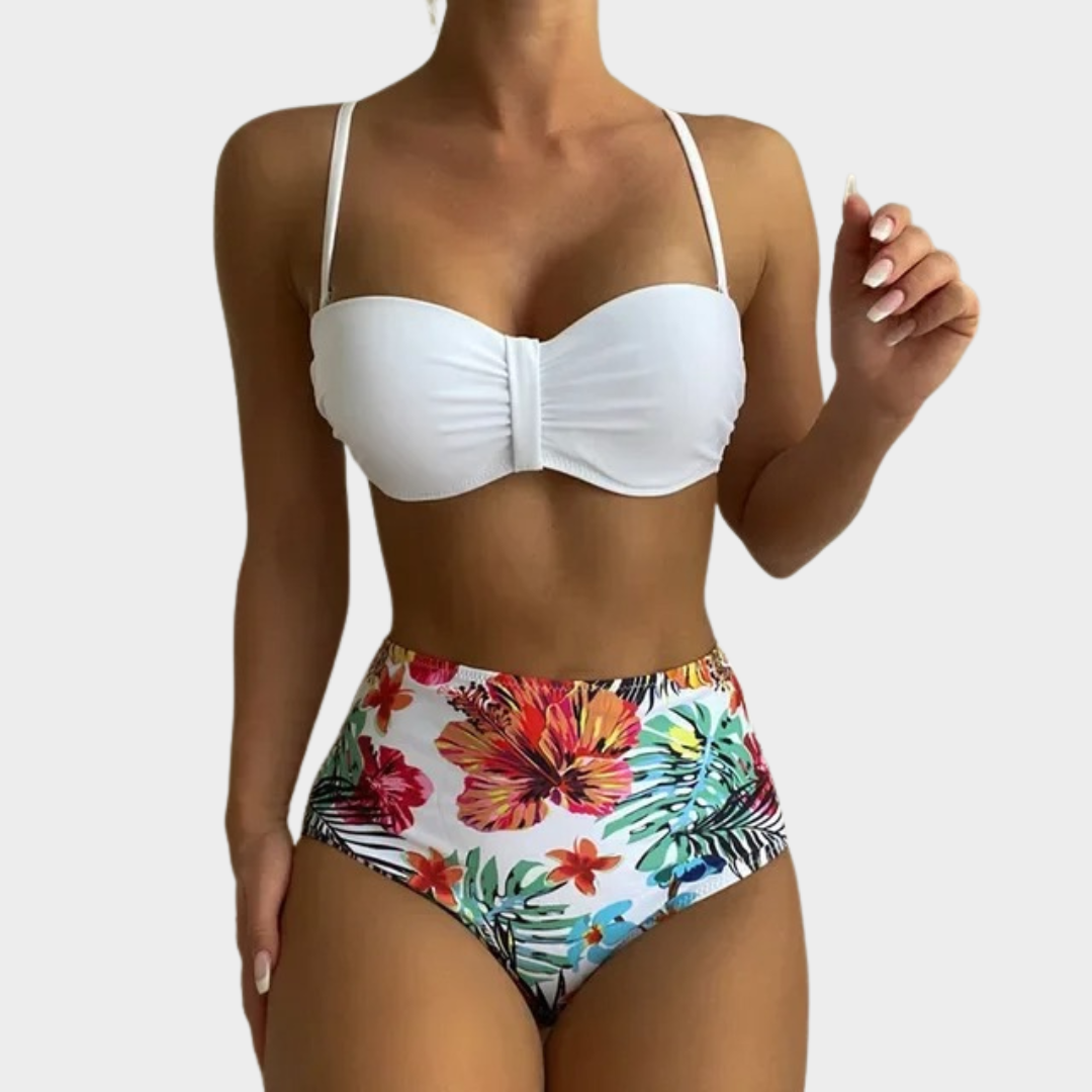 Women Two-Piece Bandeau Bikini – High Waist Tropical Print Push-Up Swimwear – Strapless Bathing Suit Set – Multiple Colours