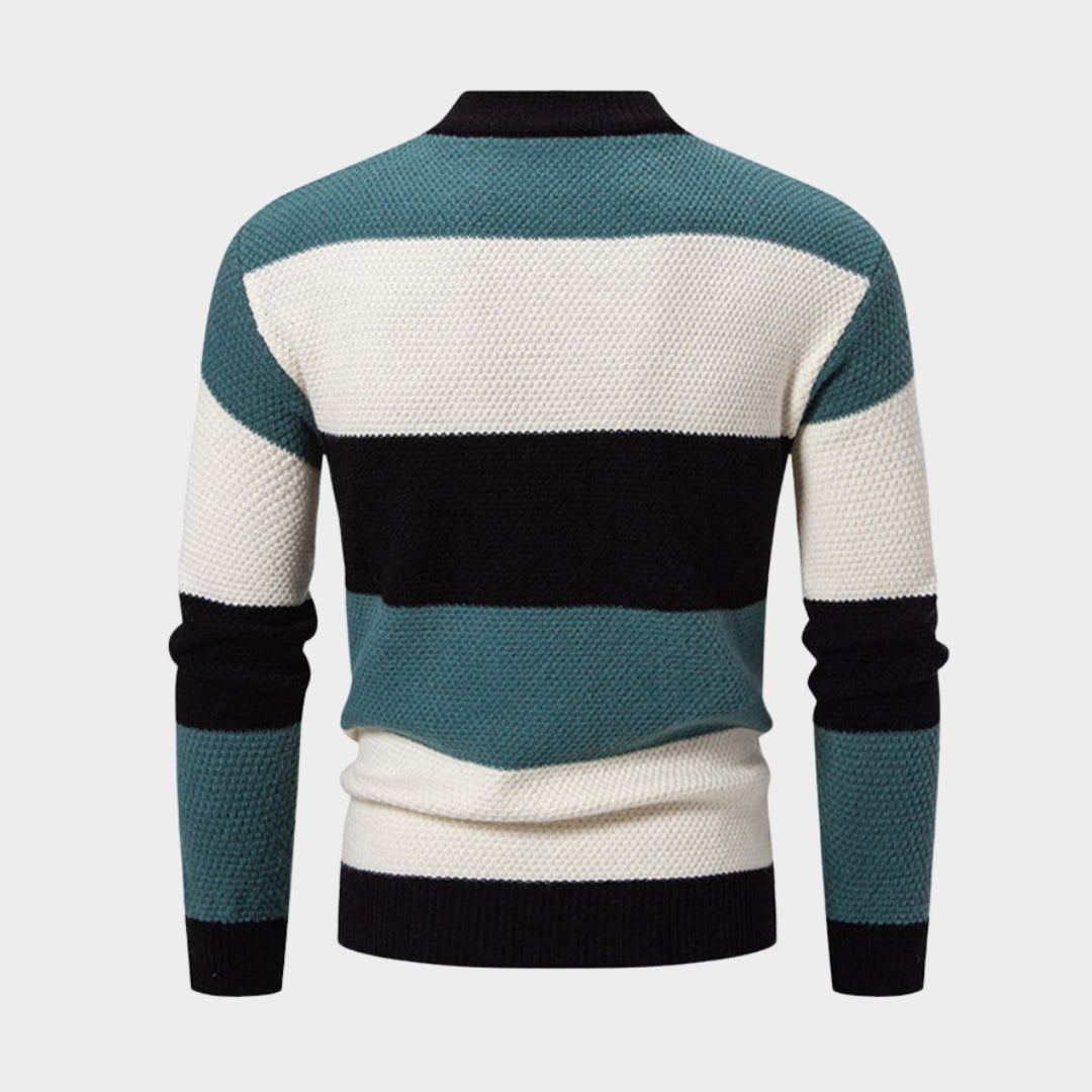 Men's Fashion Patchwork Knitted Sweater – Mock Neck Casual Sweater, Long Sleeve, Autumn Winter Style (Blue, Khaki, Green)