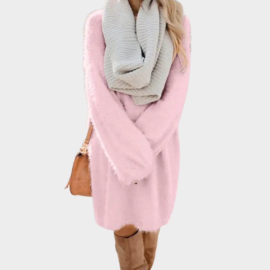 Women's Knee-Length Sweater Dress – Loose Fit – Soft Fluffy Knit – Multiple Colours