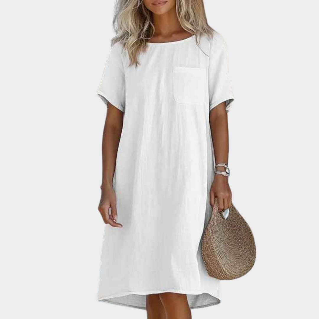Women Short Sleeve Loose Dress – Linen Round Neck with Pocket Solid Straight Fit – Multiple Colours