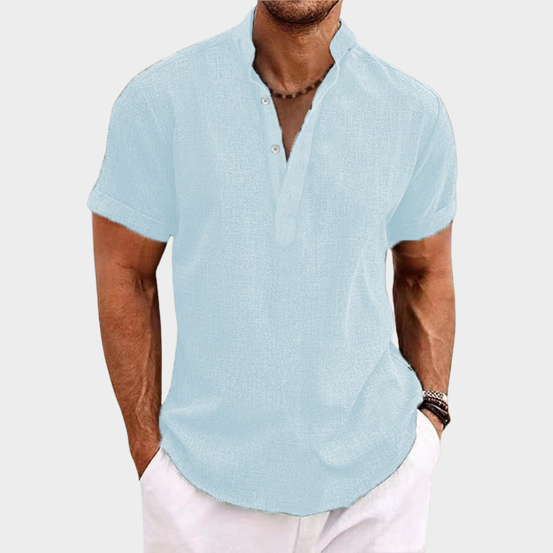 Men's Cotton Linen Short-Sleeve Shirt - Henley Collar - Lightweight & Breathable - Multiple Colours