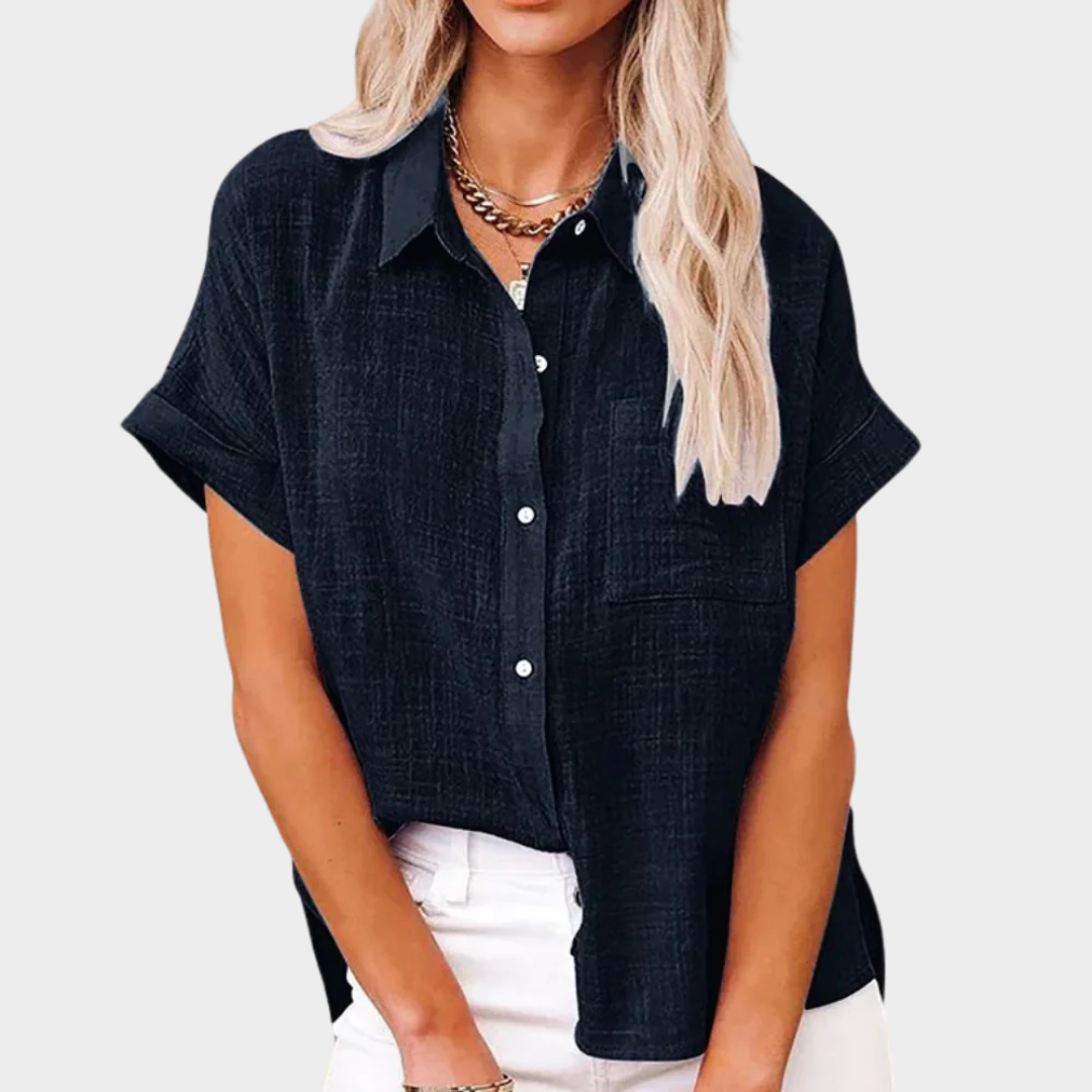 Women's Cotton Linen Shirt – Short Sleeve Lapel Collar – Button Down Casual Blouse – Lightweight Fabric – Multiple Colours
