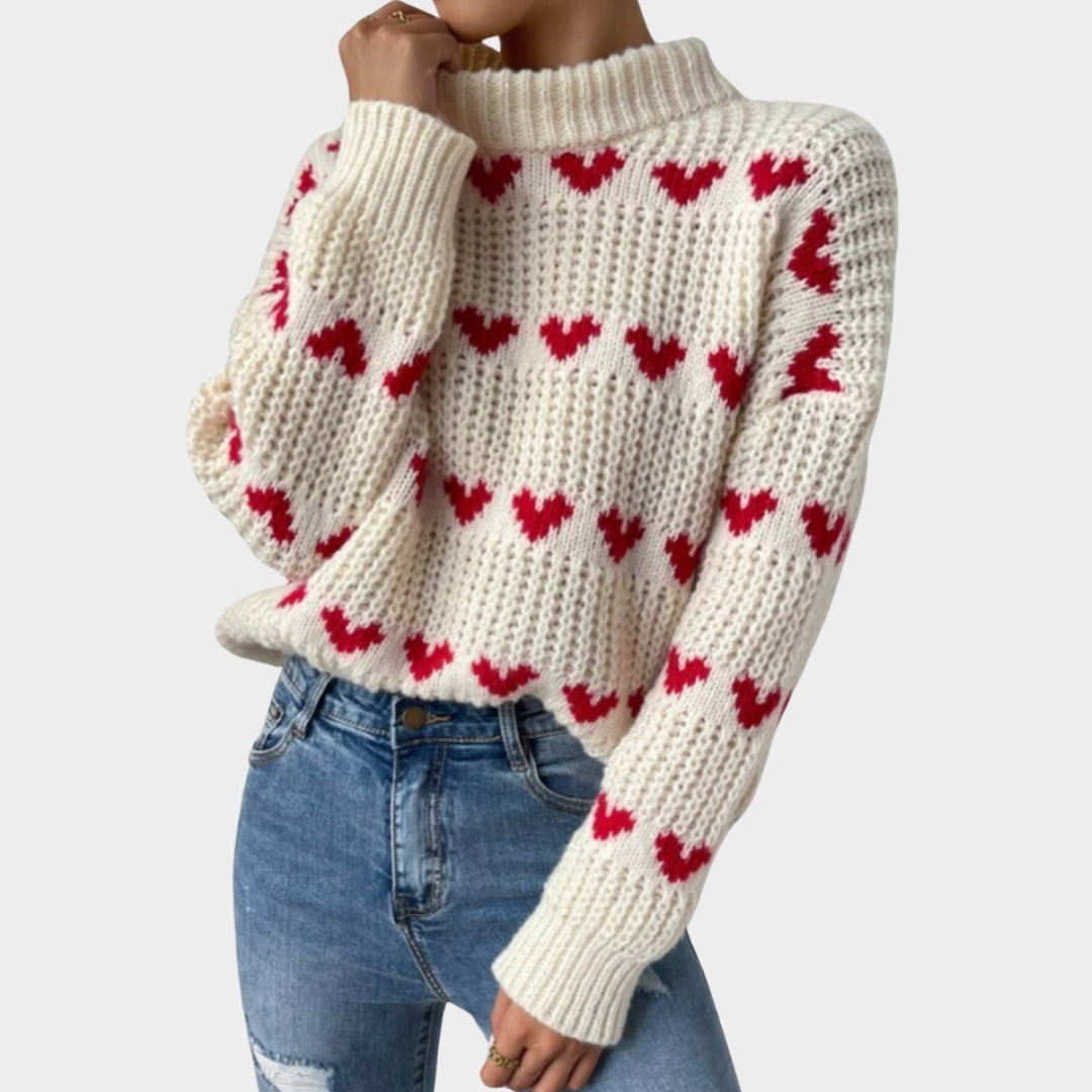 Women’s Baggy Knitted Sweater - Love Heart Jacquard, Long Sleeve Mock Neck Pullover, White