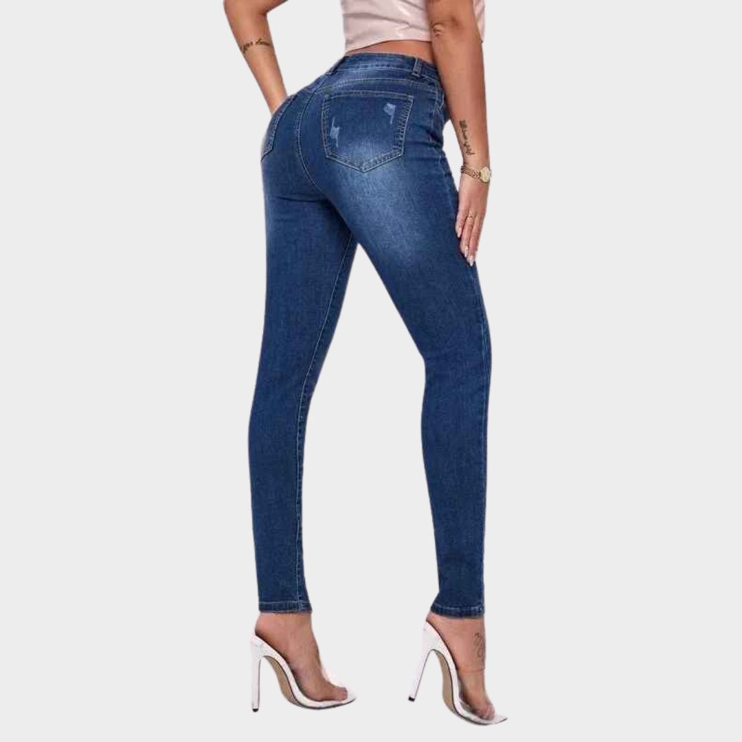 Women's High-Waist Skinny Jeans - Slim Fit Stretch Denim - Printed Pencil Trousers - Dark Blue