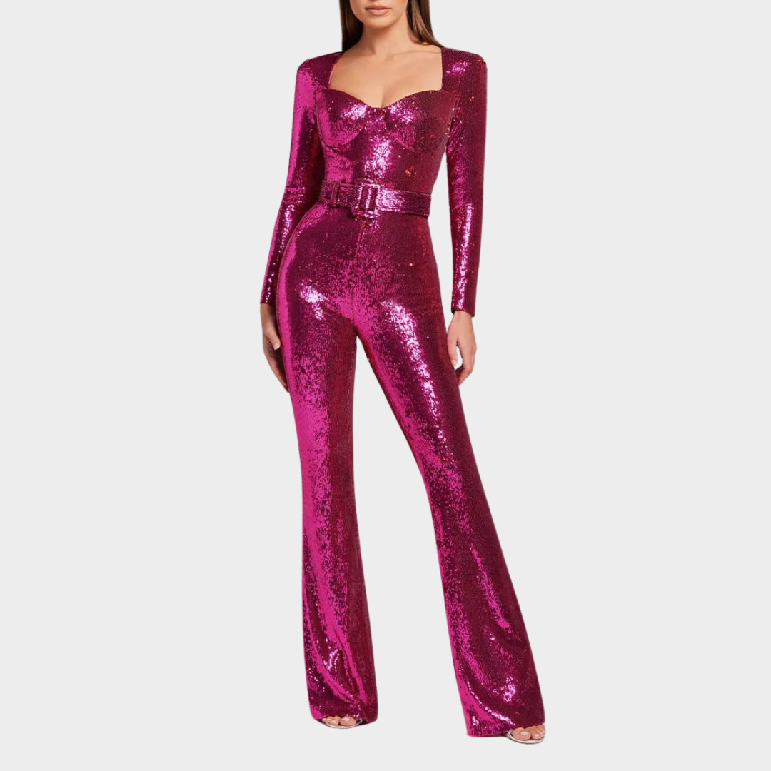 Women's Evening Jumpsuit – Long Sleeve – Belted Waist – Sequined Fashion – Elegant Design – Multiple Colours