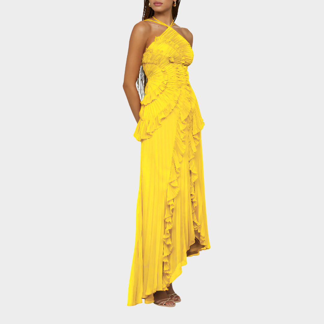 Women Pleated Frill Halter Neck Maxi Dress – Elegant Sleeveless High Stretch Dress with Asymmetrical Hem and Flowing Pleated Texture – Multiple Colours