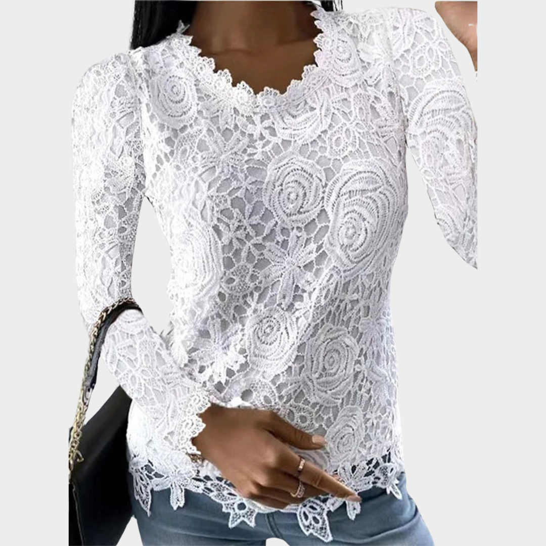 Women's Lace Blouse - Long Sleeve - O-Neck - Elegant Fit - Multiple Colours