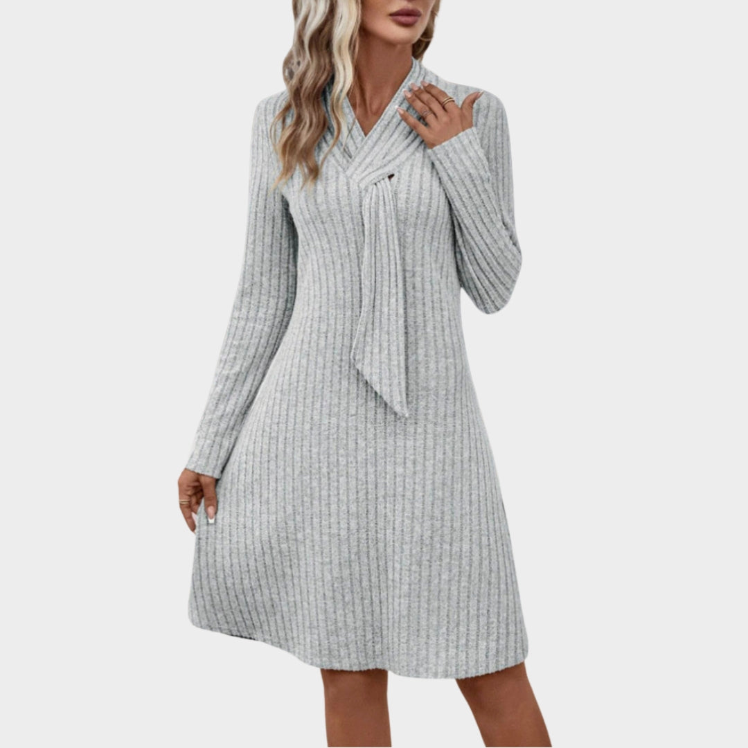 Women’s Grey Long Sleeve Knitted Dress – Close-Fitting Waist, Elegant, Feminine Autumn Winter Wear