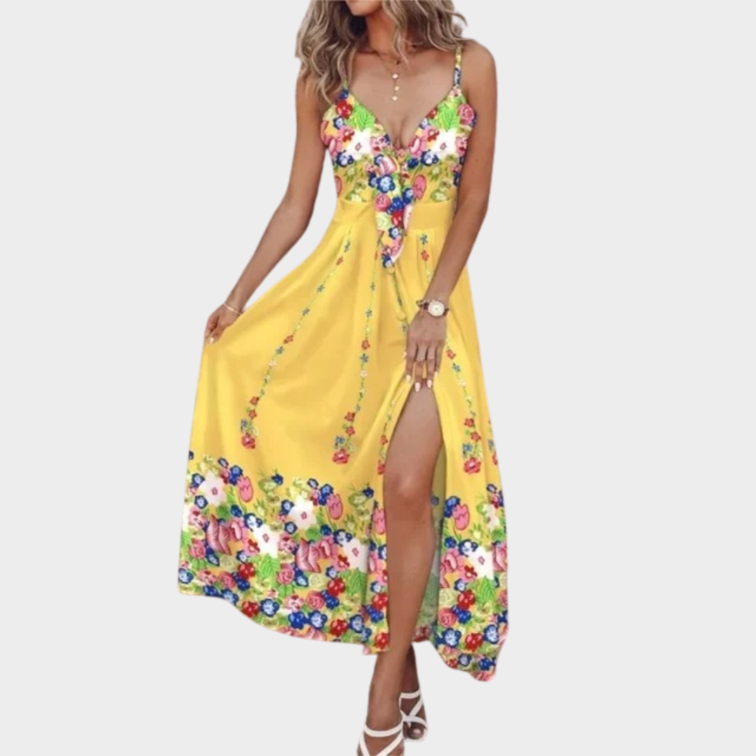 Women Floral Print Maxi Dress – V-Neck – Slim Fit – Sleeveless Backless – Lightweight Fabric – Multiple Colours