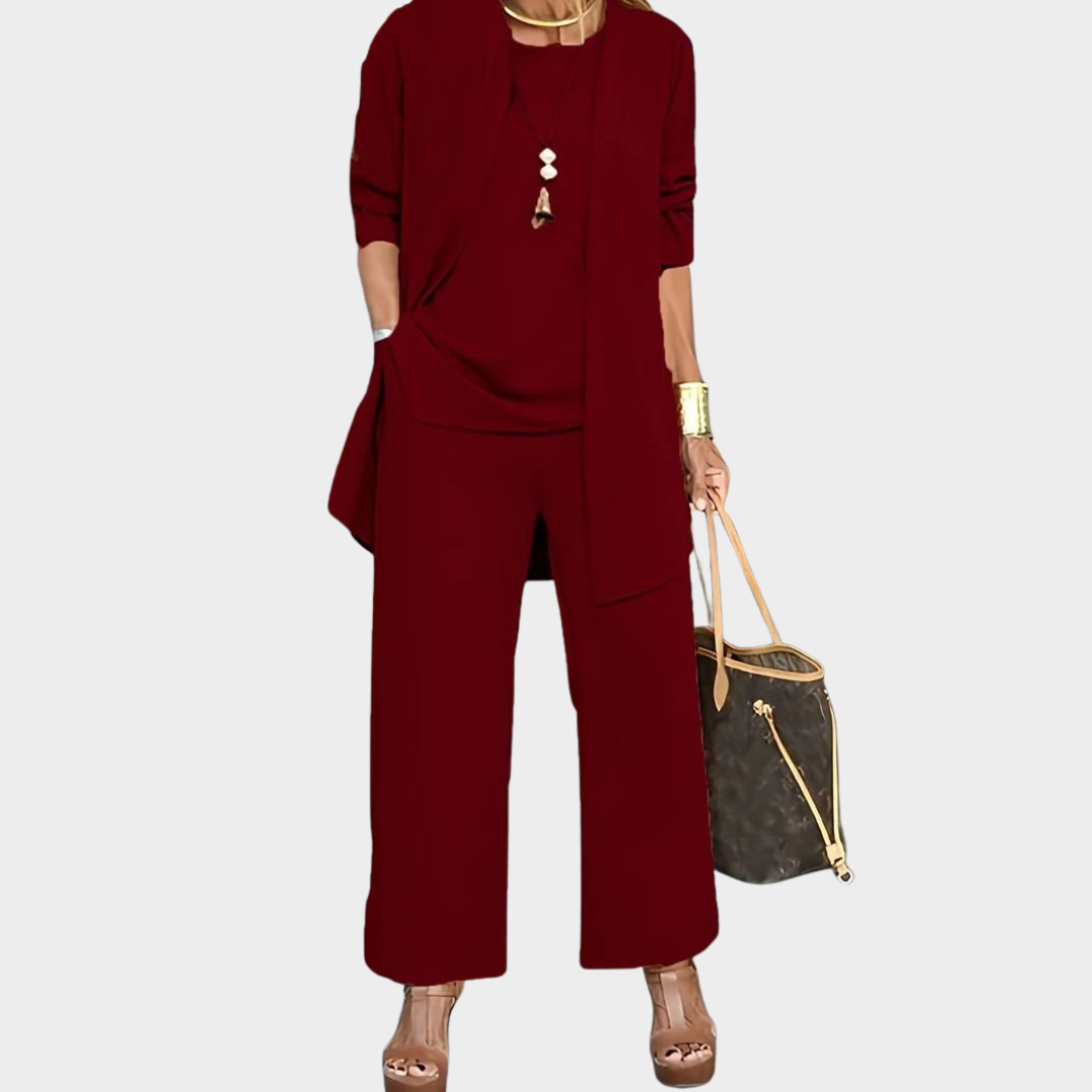 Women Relaxed Fit 3 Piece Pantsuit Set – Long Sleeve Cardigan O Neck Vest Wide Leg Trousers Comfortable Fabric – Multiple Colours