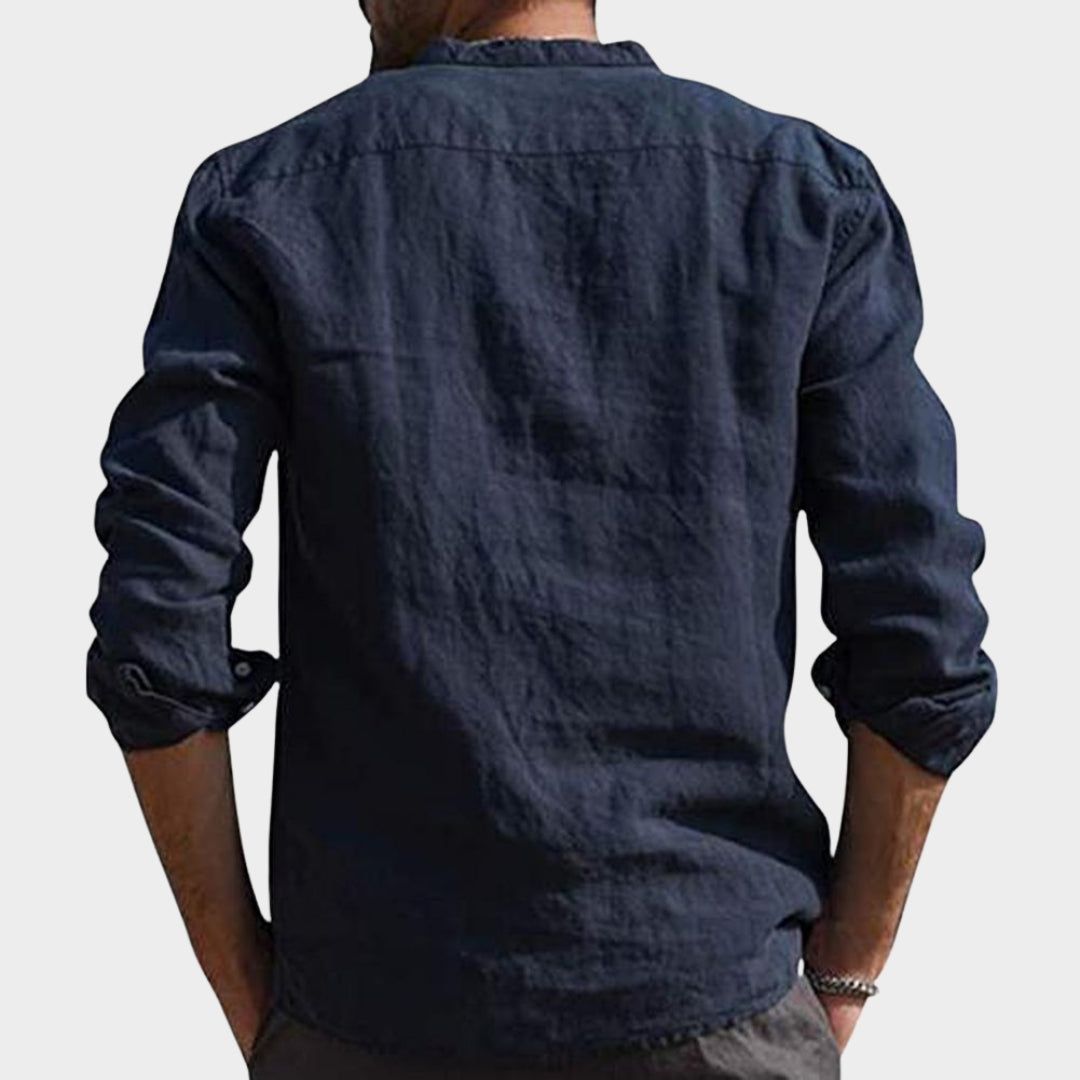 Men's Long-Sleeve Shirt - V-Neck - Button Pocket Design - Cotton - Casual Fit - Multiple Colours