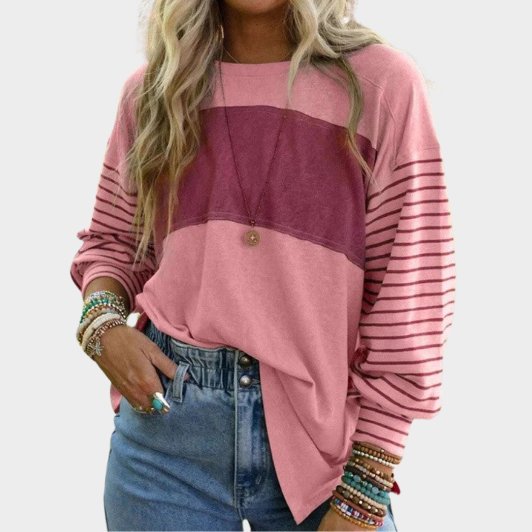 Women’s Oversized Fit Blouse – Long Sleeve Crew Neck Top with Colour Block Panels – Casual Everyday Style – Multiple Colours