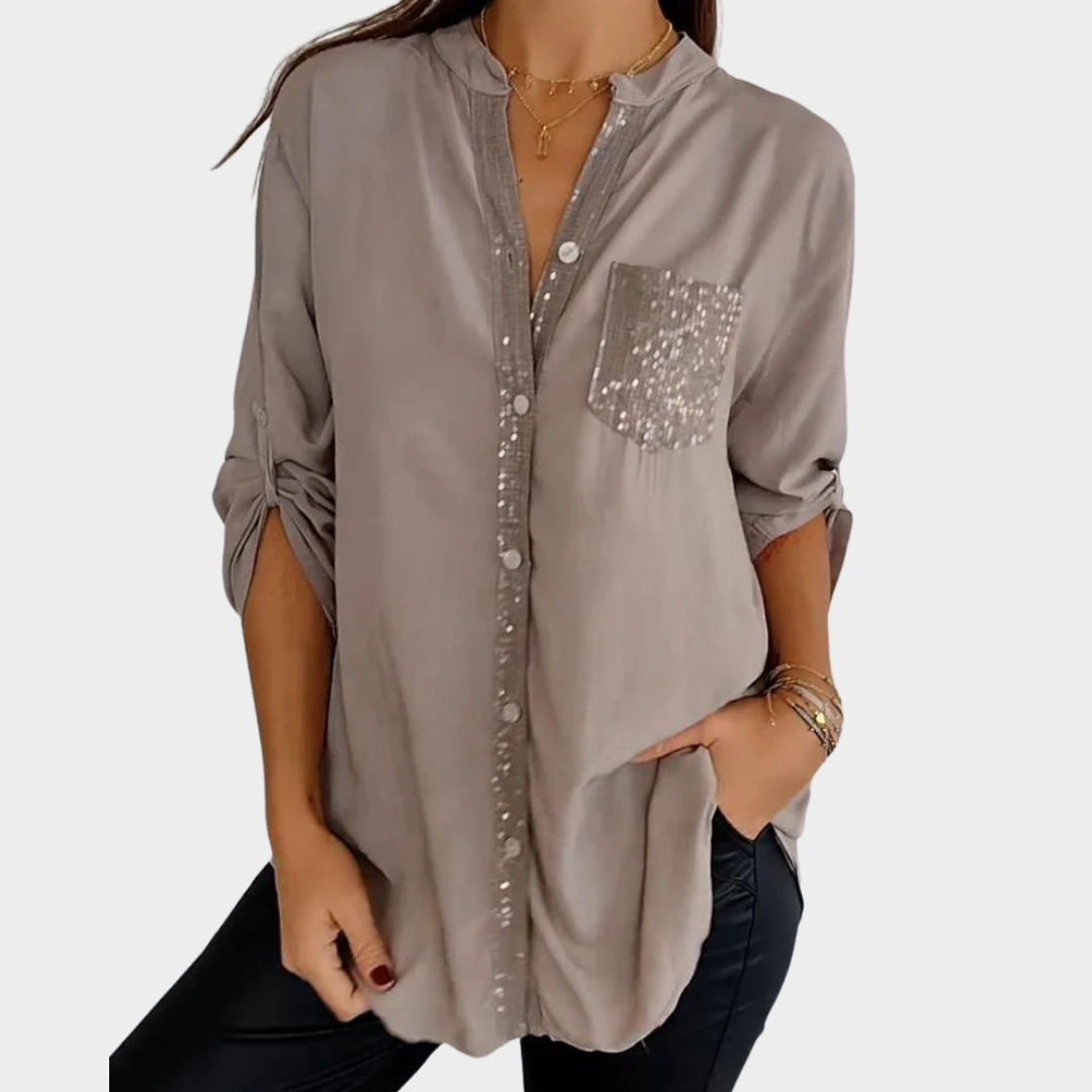 Women’s Button Blouse – Sequined Pocket Detail and Lantern Sleeves – Relaxed Workwear Fit – Lightweight Polyester – Multiple Colours