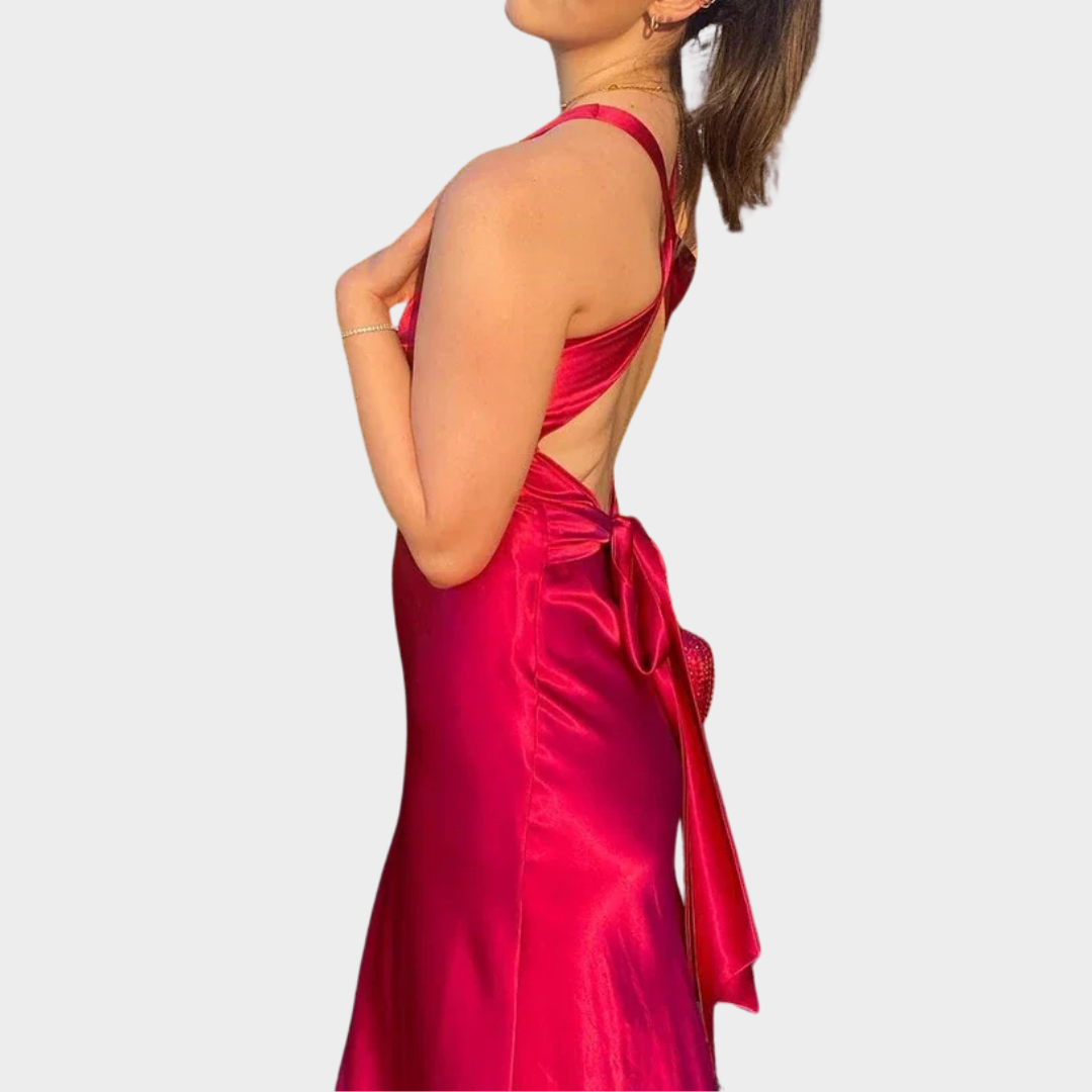 Women’s Maxi Dress – Sleeveless Satin Gown with V-Neck and Bow Tie Back – Elegant Fit for Evening Events – Multiple Colours