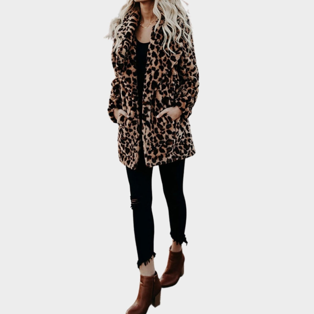 Women’s Autumn Leopard Faux Fur Coat – Long Warm Plush Teddy Jacket for Winter