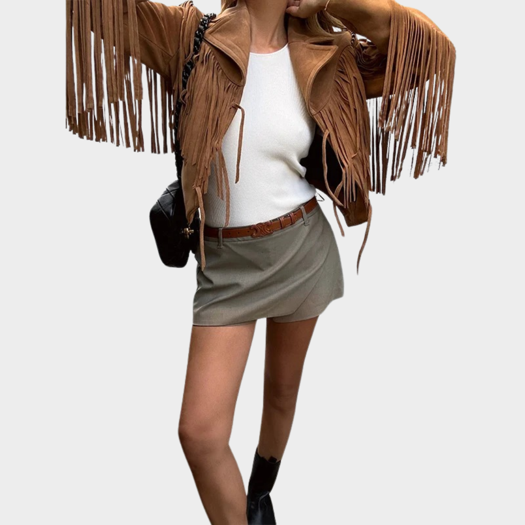 Women’s Slim Fit Leather Jacket – Genuine Sheepskin with Tassel & Lace-Up Detail – Kid Suede Finish – Short Moto Style – Brown