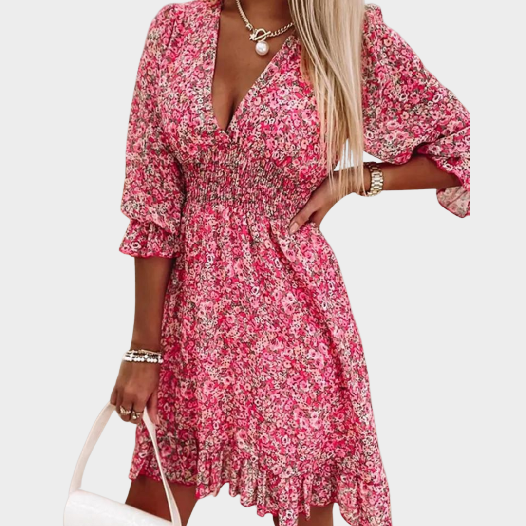 Women's Bohemian Dress – Floral Print – Deep V Neck – Short Sleeve – Pullover Fit – Lightweight Fabric – Pink