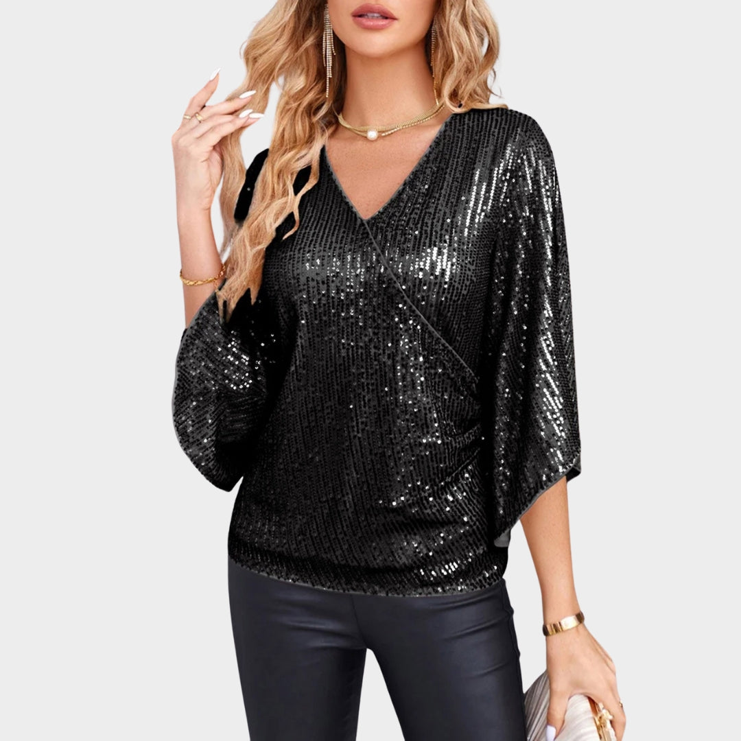 Women's Sequin Blouse - V-Neck Glitter Party Top - 3/4 Sleeve Sparkly Evening Wear - Multiple Colours