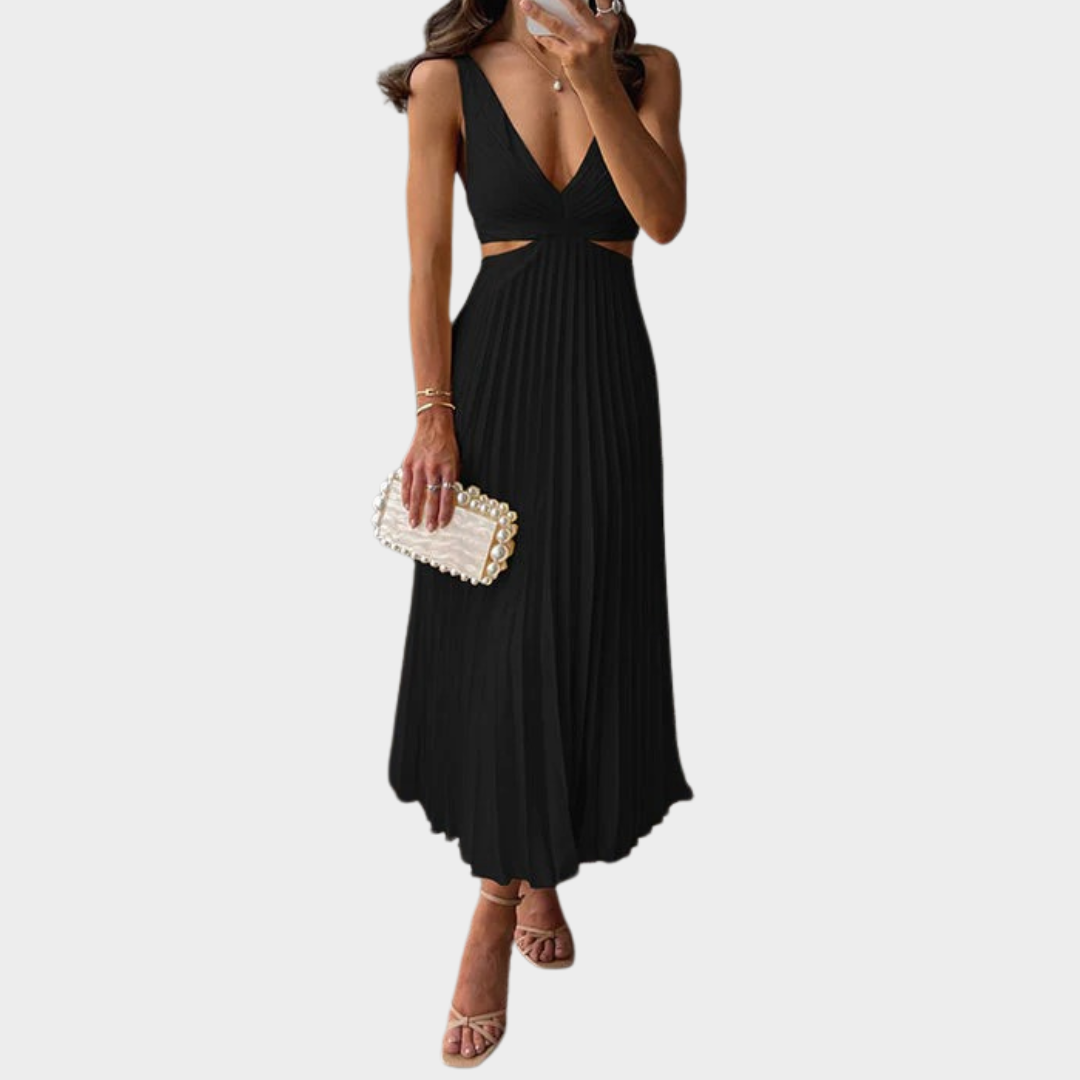 Women’s V-Neck Maxi Dress – Sleeveless Pleated Fit – Hollow Out Backless Design – Elegant Party Style – Multiple Colours