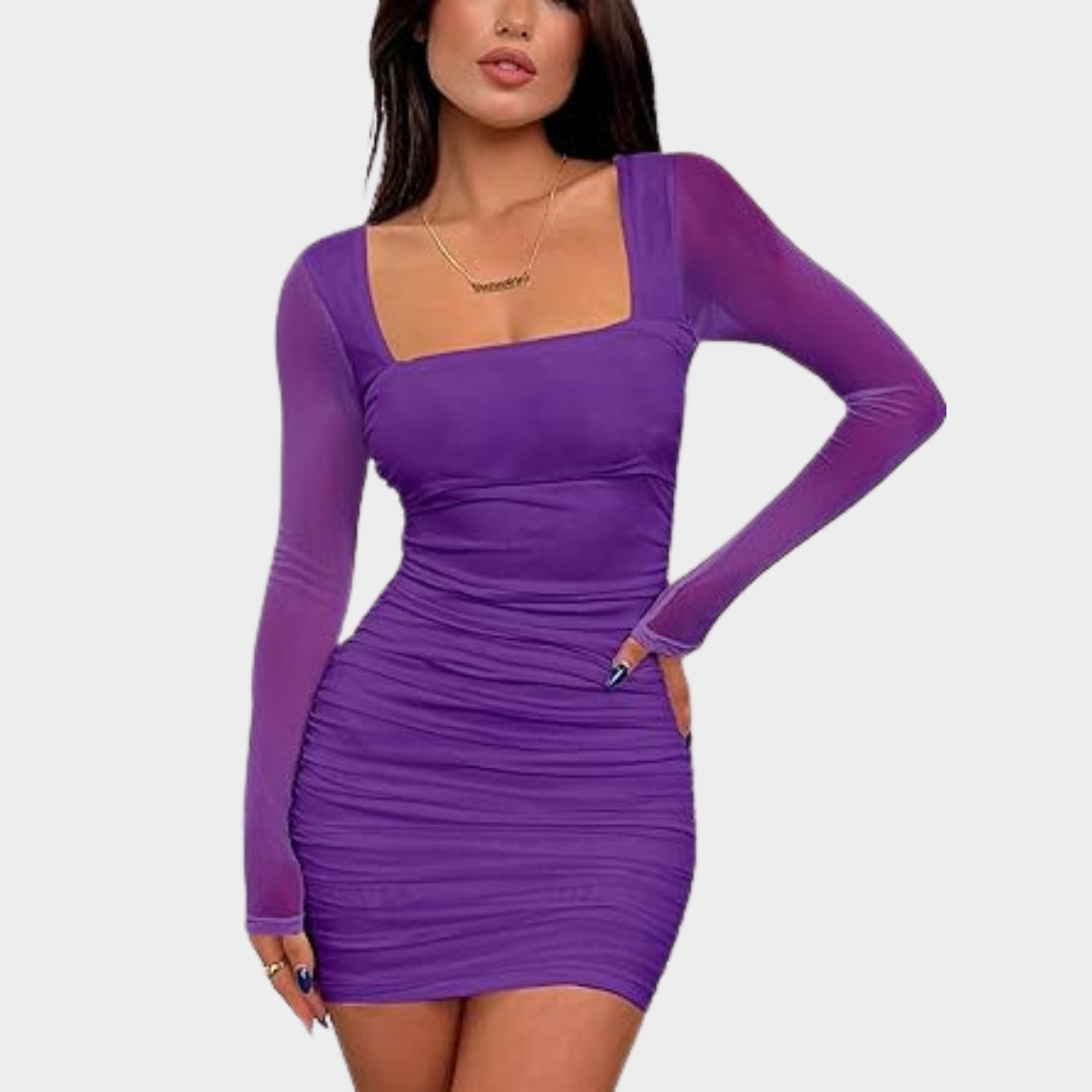Women's Ruched Bodycon Mini Dress - Mesh Long Sleeves - Club Party Wear - Slim Fit - Multiple Colours