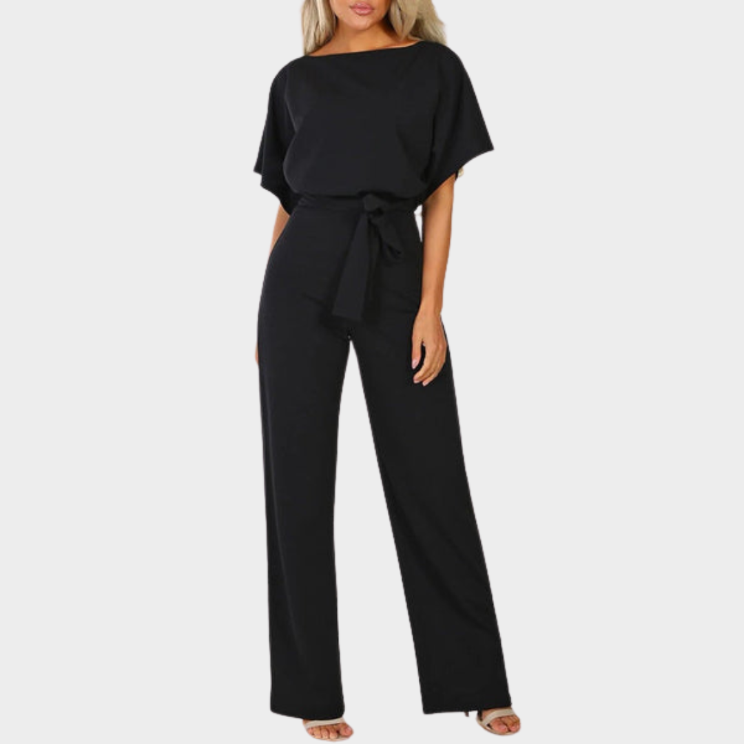 Women's Jumpsuit – Elegant Short Sleeve – Hollowed Waist – Tie Belt – Wide-Leg – Multiple Colours