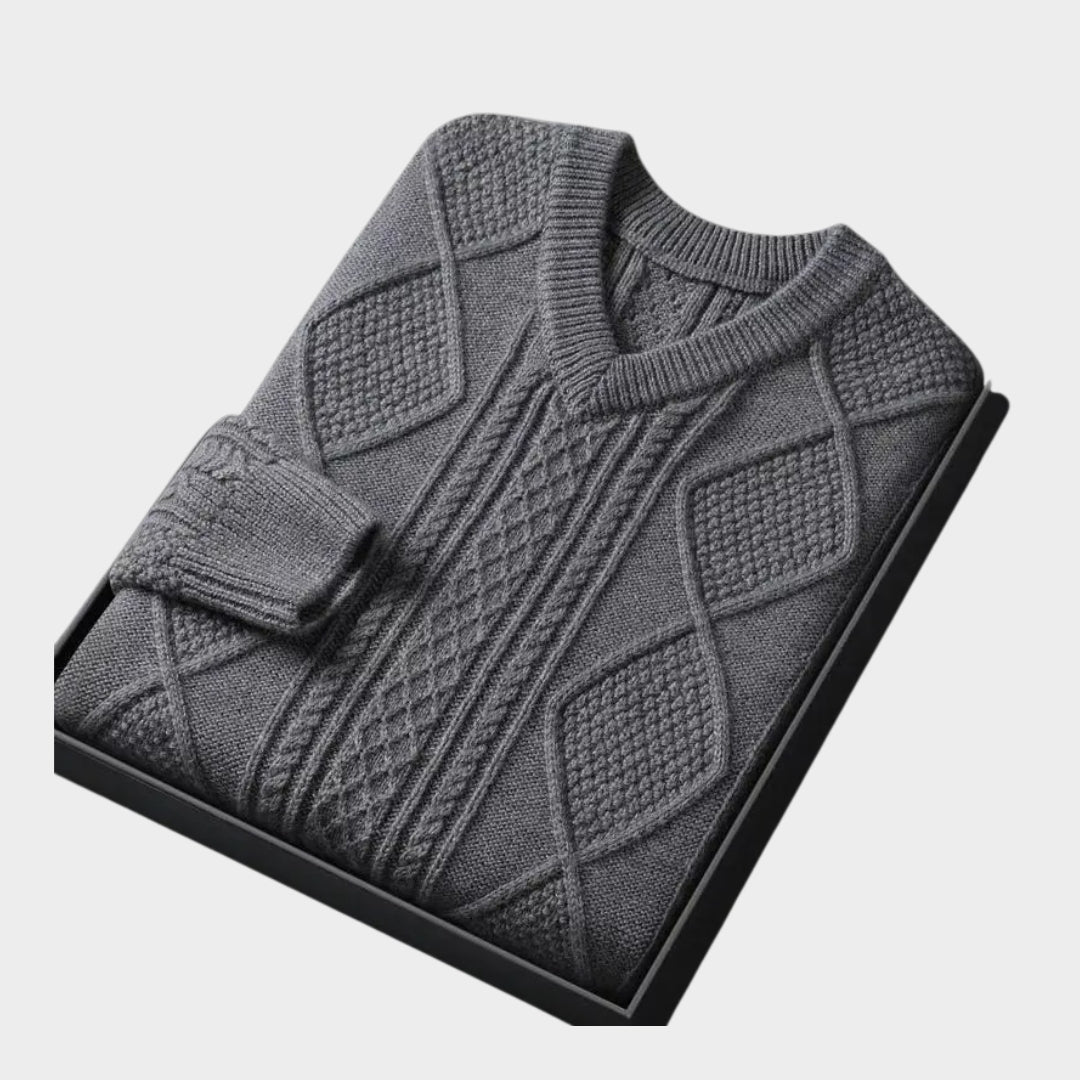 Men's Jacquard Pullover Sweater – Chicken Heart Neck, Long Sleeve, Casual Thickened Knitwear (Navy Blue, Khaki, and More)