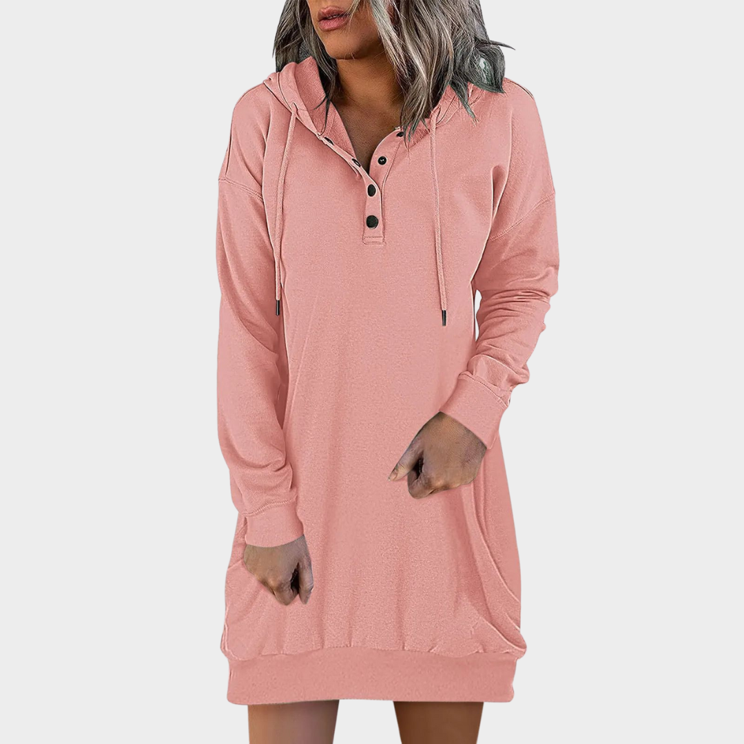 Women's Hooded Sweatshirt Dress – Knee-Length – Long Sleeve – Side Zip Neckline – Casual Sportswear – Pockets – Multiple Colours