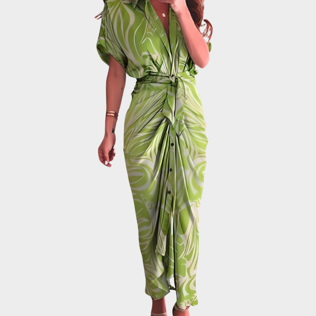 Women’s Printed Long Dress – Short Sleeve – High Waist – Elegant Fit – Soft Lightweight Fabric – Multiple Colours