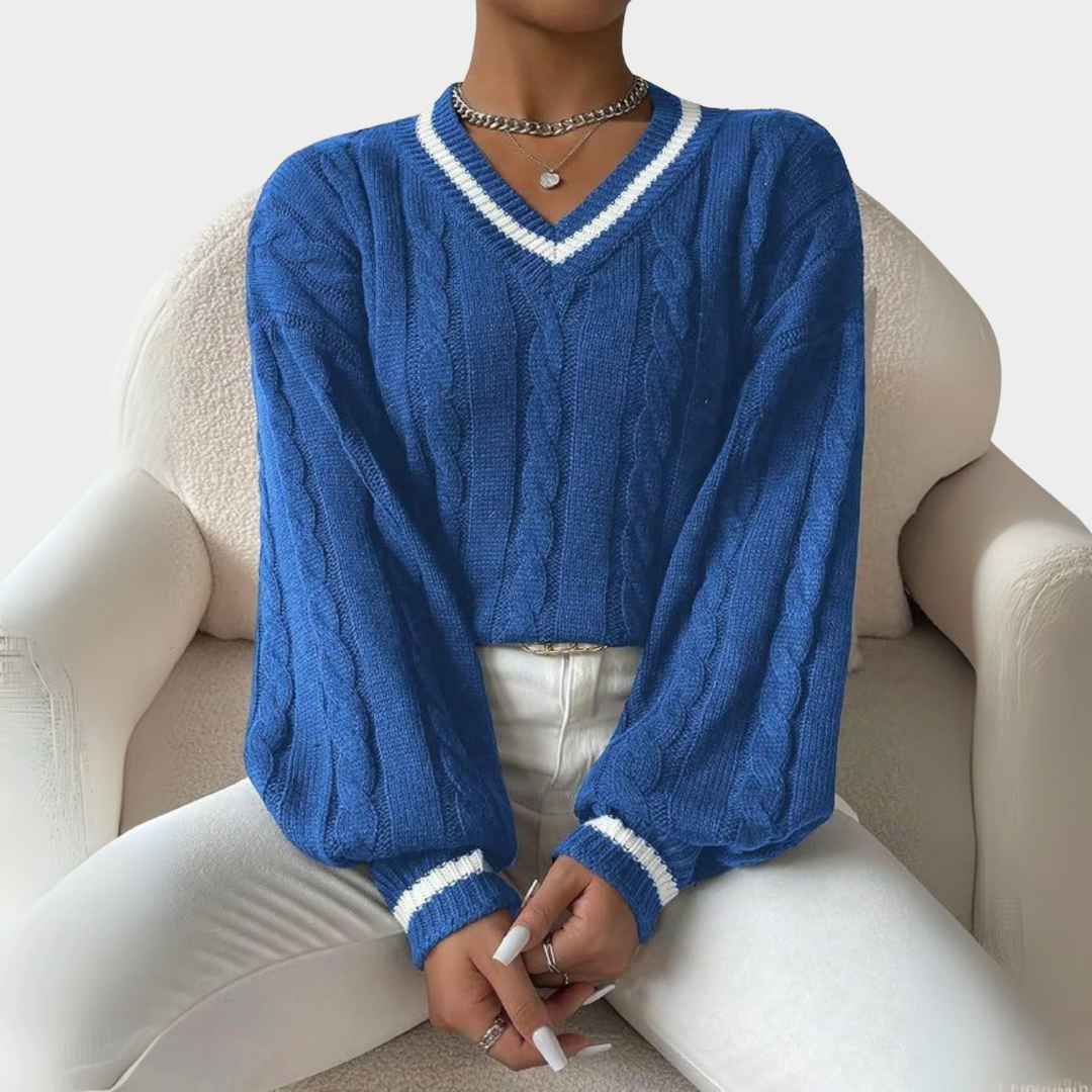 Women Knitted V Neck Sweater – Long Sleeve Loose Fit Intercolor Knitwear with Elegant Comfortable Style for Casual Outfits – Multiple Colours
