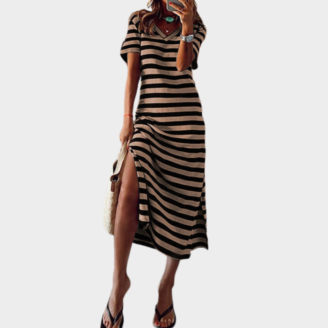 Women’s Stripe Print V-Neck Maxi Dress – Short Sleeve Loose Fit Long Dress – Lightweight Fabric – Multiple Colours