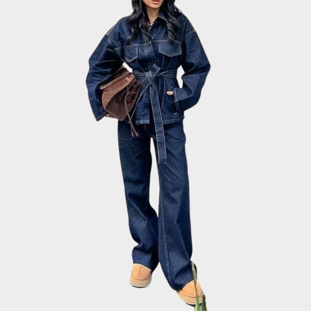 Women’s Denim Jacket & Trousers Set – Vintage Style – Belted Waist – Loose Fit – Blue