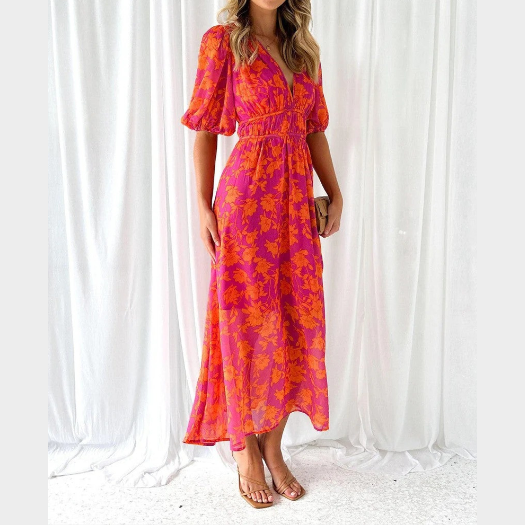 Women’s Floral Midi Dress – Puff Sleeves with V-Neckline and Elastic Waist – Pink Orange