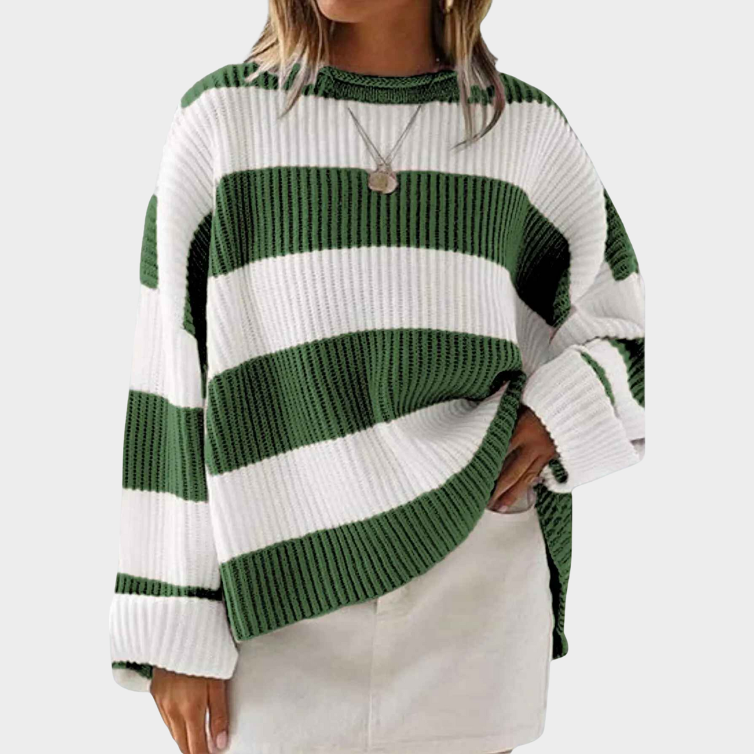 Women's Sweater – Stripe Knitted O-Neck Flared Sleeve Loose Fit Pullover – Multiple Colours