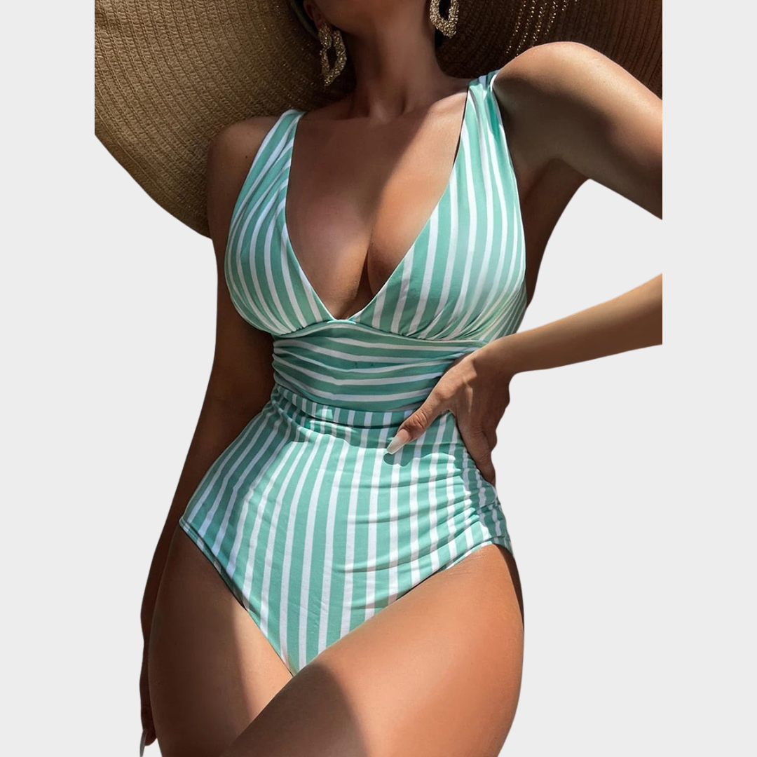 Women One Piece Swimsuit – V Neck Bodysuit Fit with Striped Print – Supportive Design – Soft Stretch Fabric – Multiple Colours
