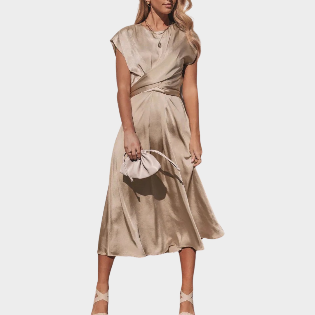 Women’s Satin Draped Evening Dress – Elegant Slim Fit with Binding Detail – Lightweight Silky Finish – Multiple Colours