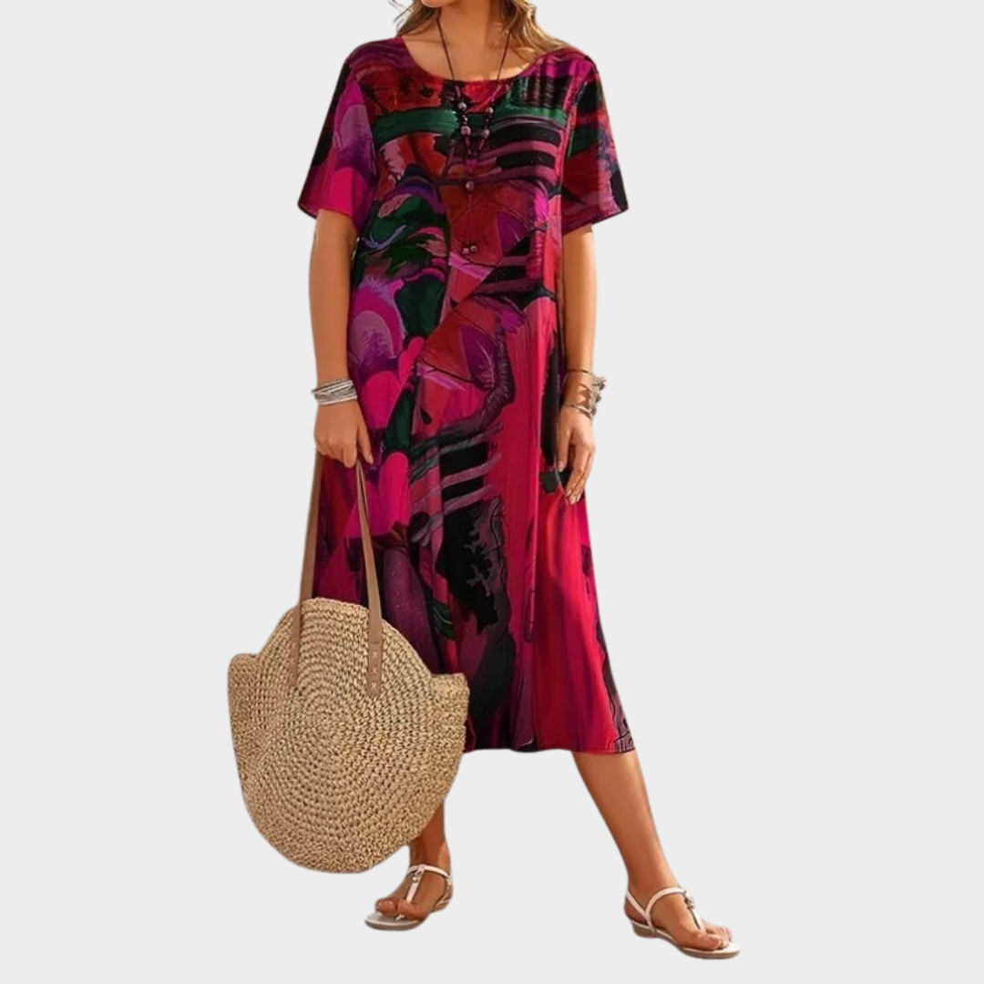 Women Art Print Loose Dress – Round Neck Short Sleeve Pullover Fit Casual Vintage Rope Style – Multiple Colours