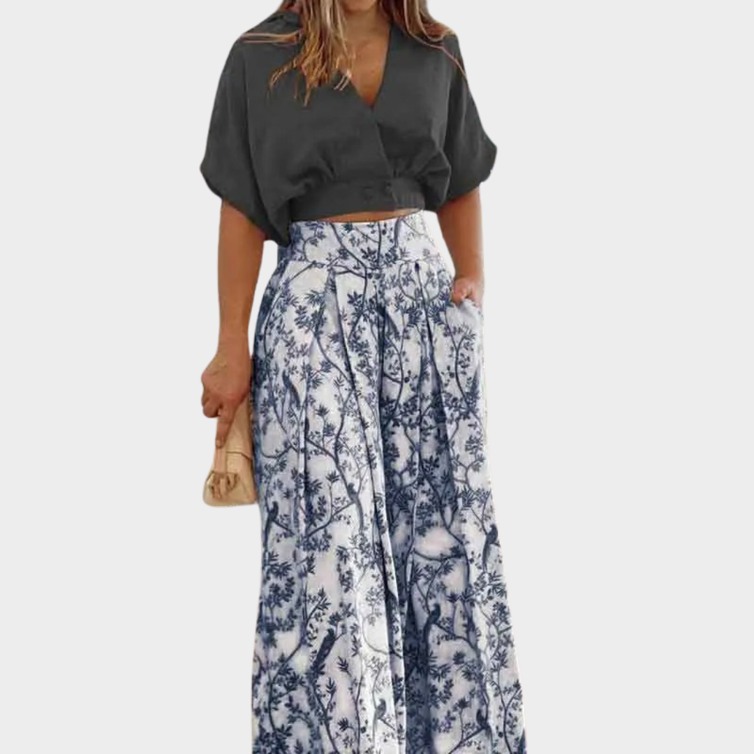 Women’s V-Neck Two-Piece Set – Printed Half Sleeve Top and Wide Leg Pants – Bell Bottom Style – Lightweight Comfortable Fabric – Multiple Colours