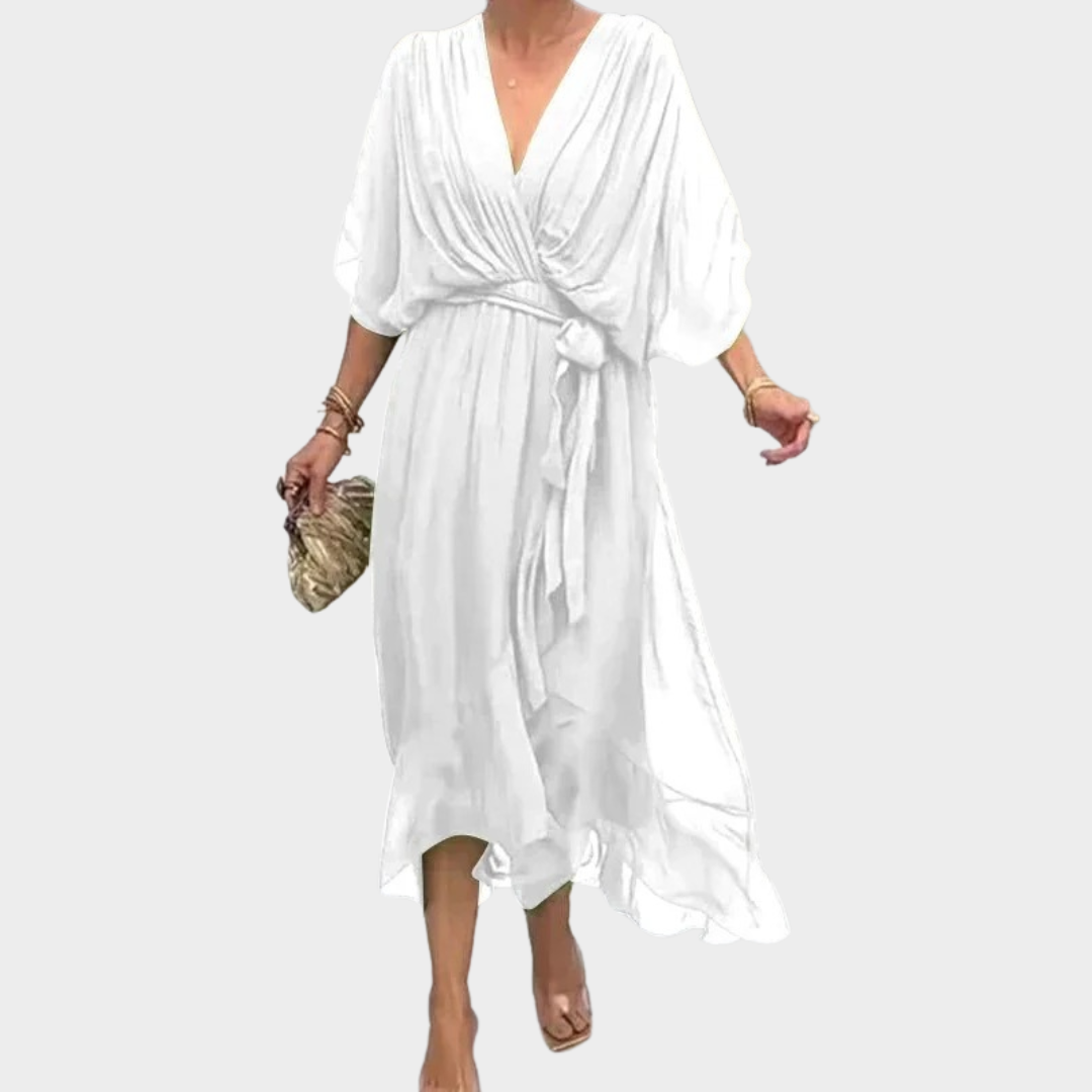 Women’s Long Chiffon Dress – Elegant V-Neck – Bat Sleeves – Lace-Up Waist – Ruffles – Irregular Hem – Multiple Colours