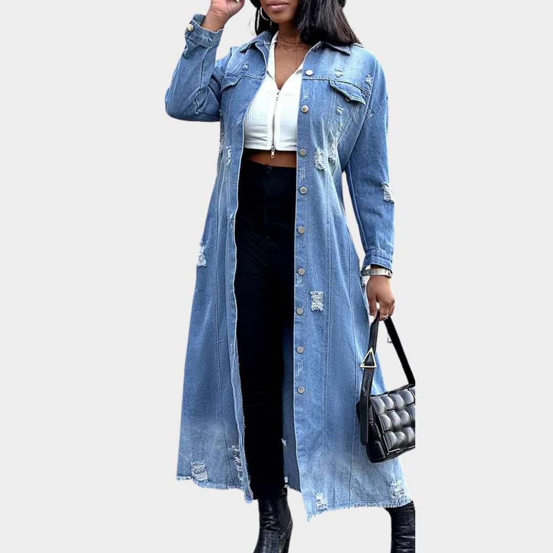 Women Longline Denim Coat – Ripped Raw Hem Button Front Jacket with Pockets – Casual High Street Outerwear – Multiple Colours