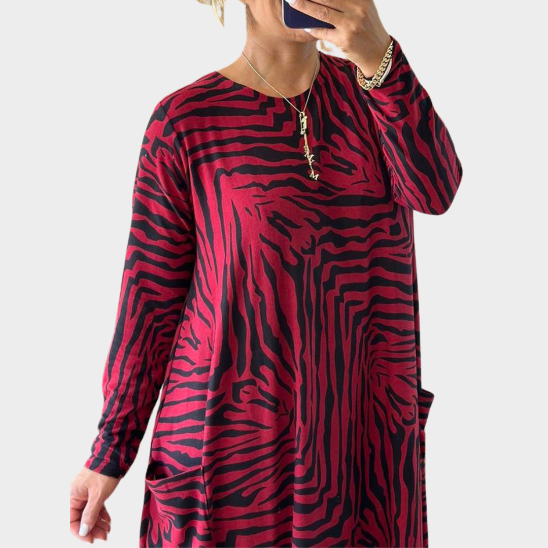 Women's Maxi Dress – Long Sleeve O Neck – Leopard Print – Ankle Length with Pockets – Multiple Colours