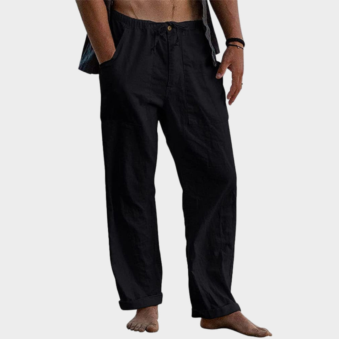 Men's Cotton Linen Trousers - Relaxed Fit - Elastic Waist with Drawstring - Breathable Beach & Lounge Pants