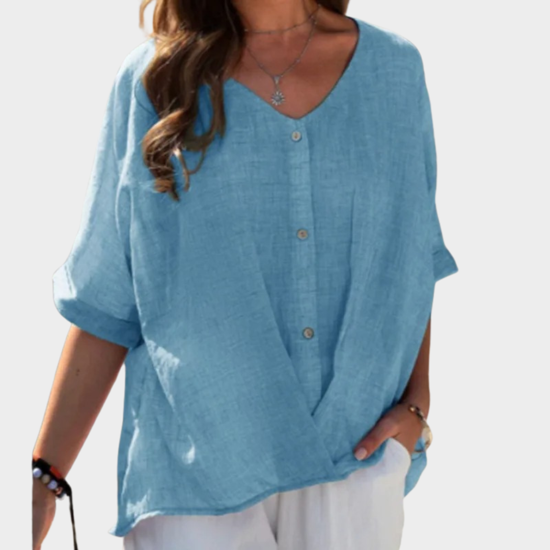 Women’s V-Neck Blouse – Relaxed Fit Button Front Top – Half Sleeve Design – Lightweight Breathable Blend – Multiple Colours