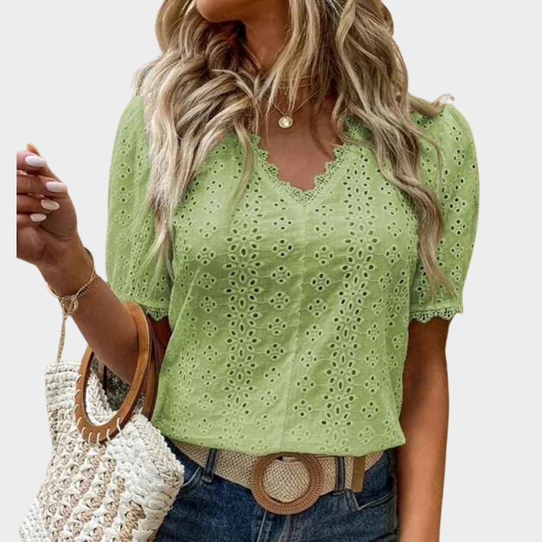 Women Blouse – Short Sleeve Hollow Out Design Lace Detail with Comfortable Fit – Multiple Colours