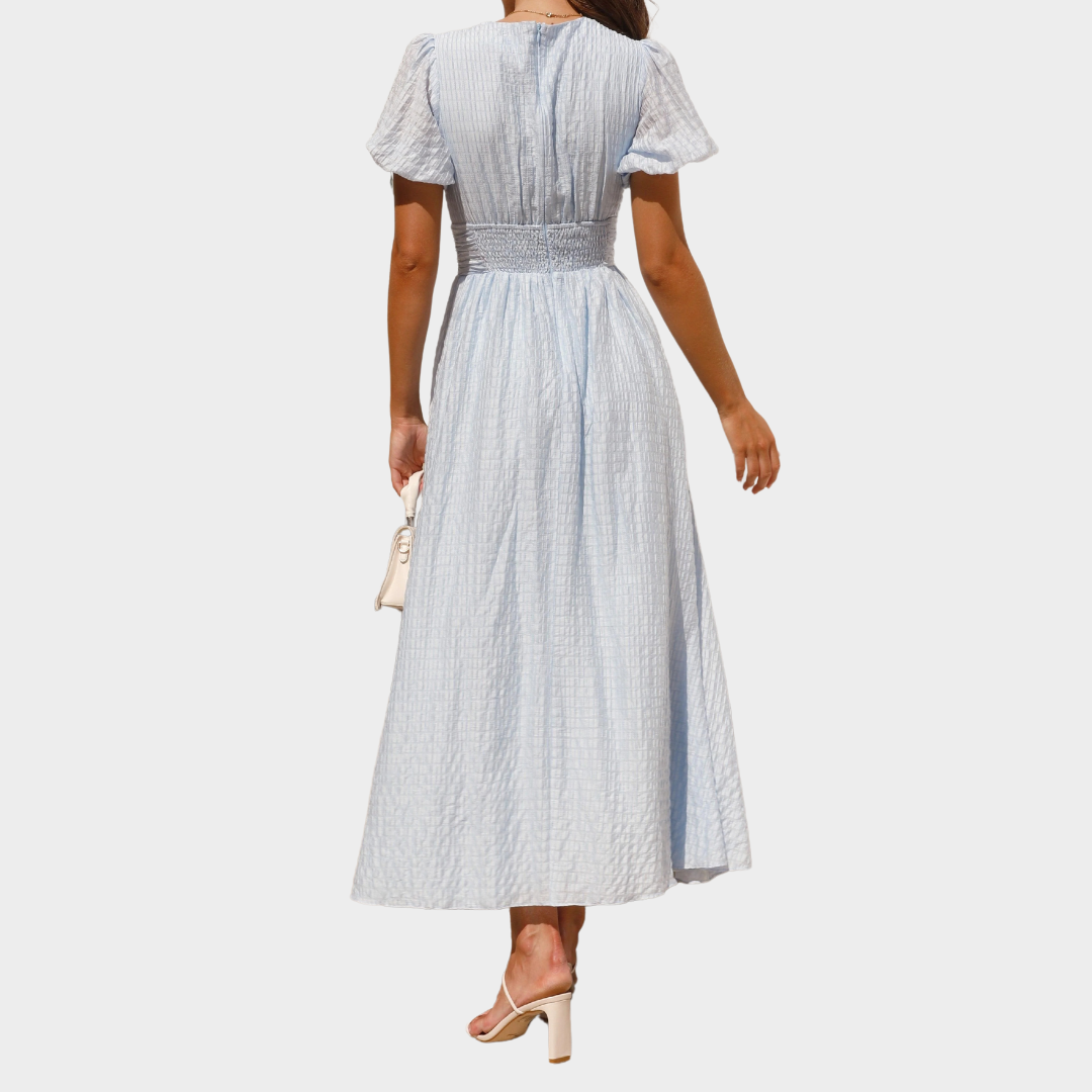 Women’s V Neck Puff Sleeve Button Dress – Elegant Fit with Solid Colour Style – Lightweight Party Wear – Multiple Colours
