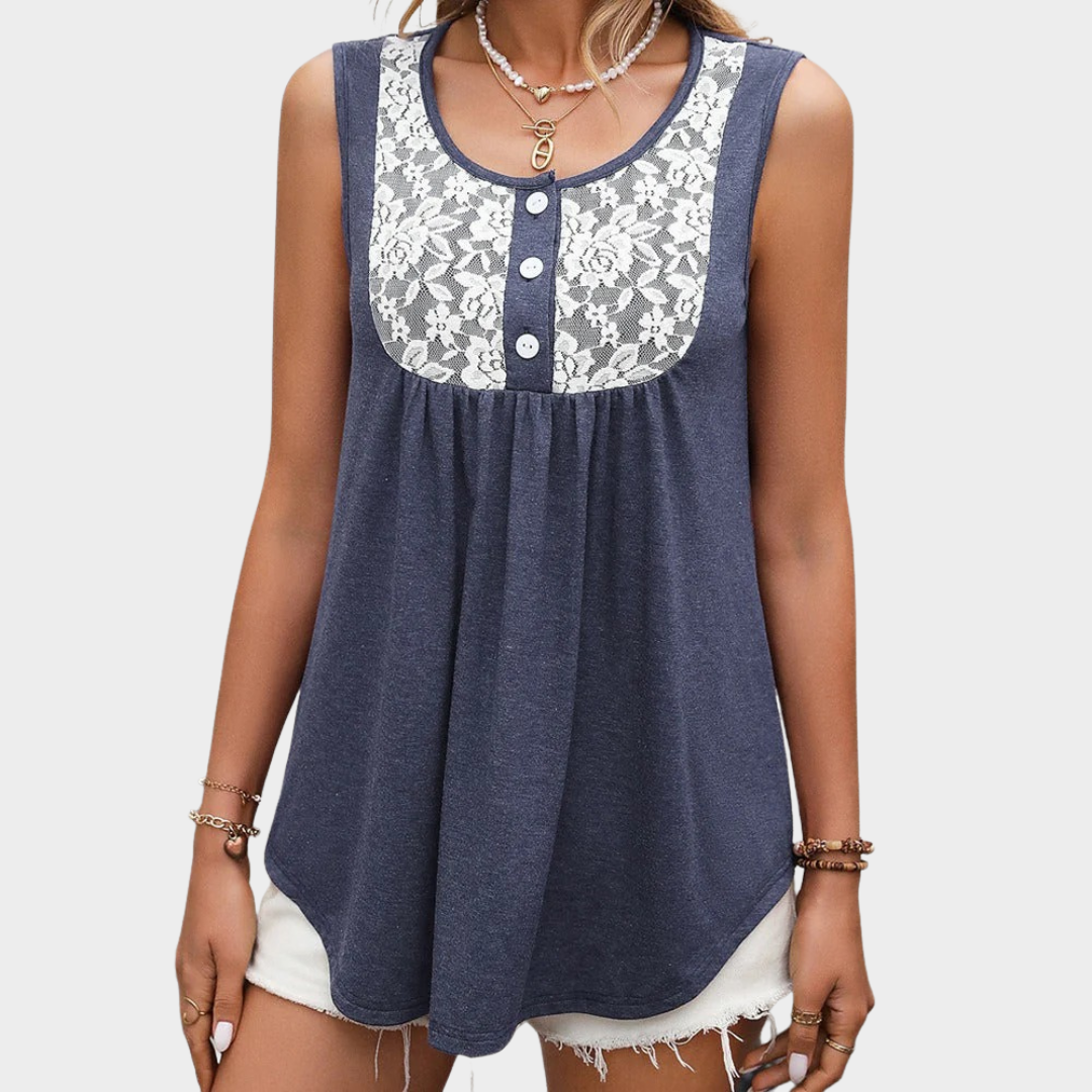 Women's Loose Sleeveless Tank Top – Lace Detail with Buttoned Front Casual Tunic Blouse – Multiple Colours