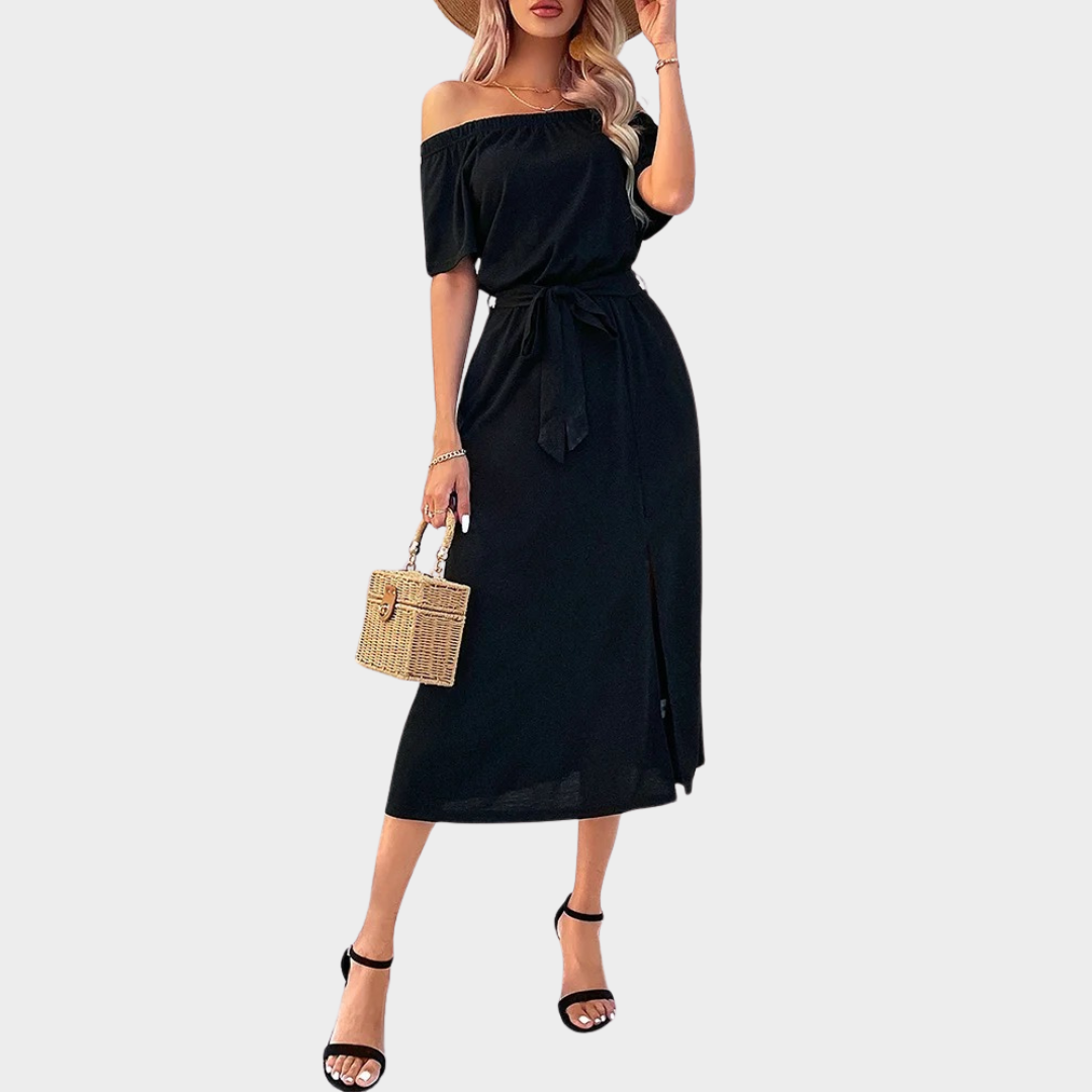 Women’s Short Sleeve Slash Neck Dress – Slim Casual Fit with Solid Colour Style – Soft Stretch Fabric – Black