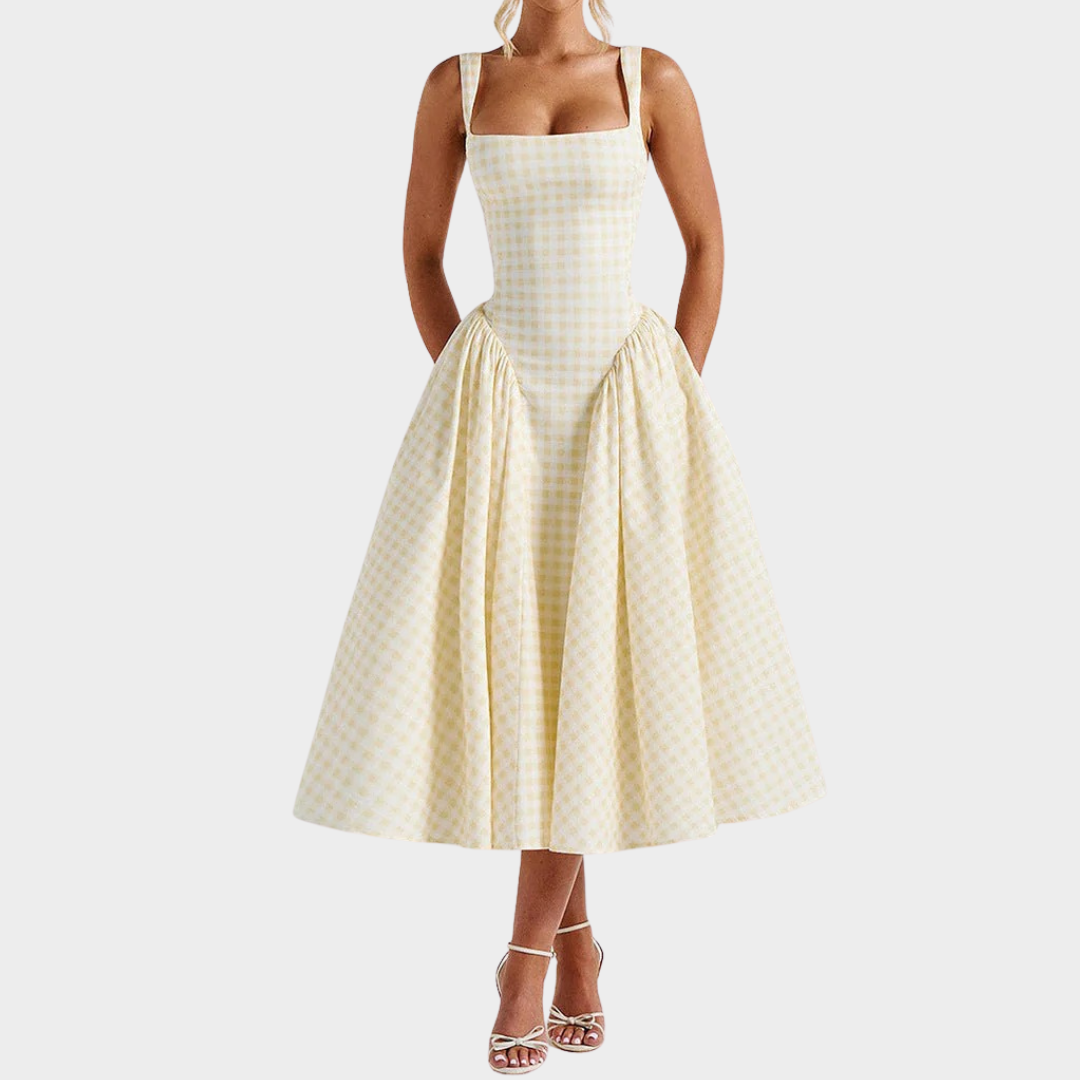 Women’s A-Line Maxi Dress – Square Neck Sleeveless Backless Princess Style – Elegant Plaid Design – Multiple Colours